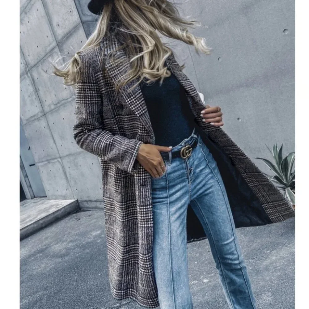 plaid Print Double Breasted Pea Overcoat jacket fall/winter - Picture 9 of 15